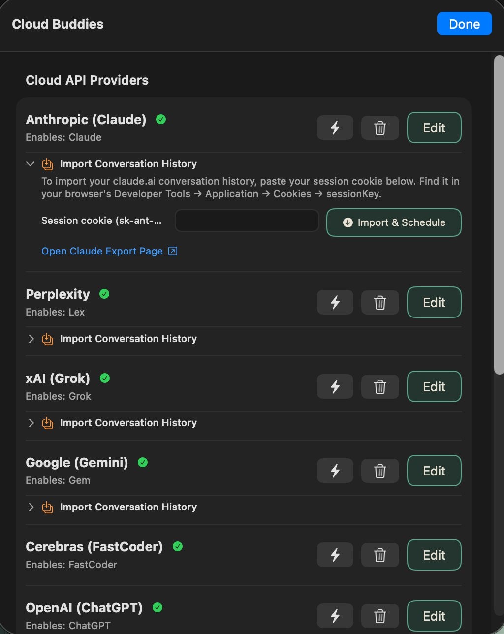 Cloud API providers configuration showing user-controlled connections to Anthropic, Perplexity, xAI, Google, Cerebras, and OpenAI