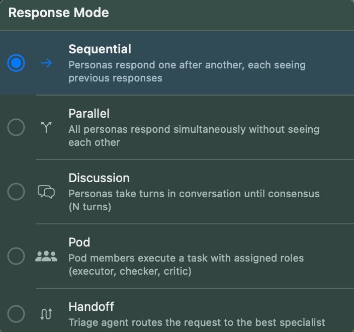 Five orchestration modes: Sequential, Parallel, Discussion, Pod, Handoff