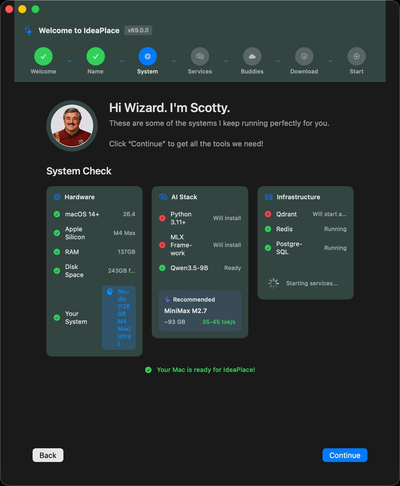 Scotty's System Check showing detected M4 Max hardware, 137GB RAM, and a recommended MiniMax M2.7 model at 35-45 tokens per second