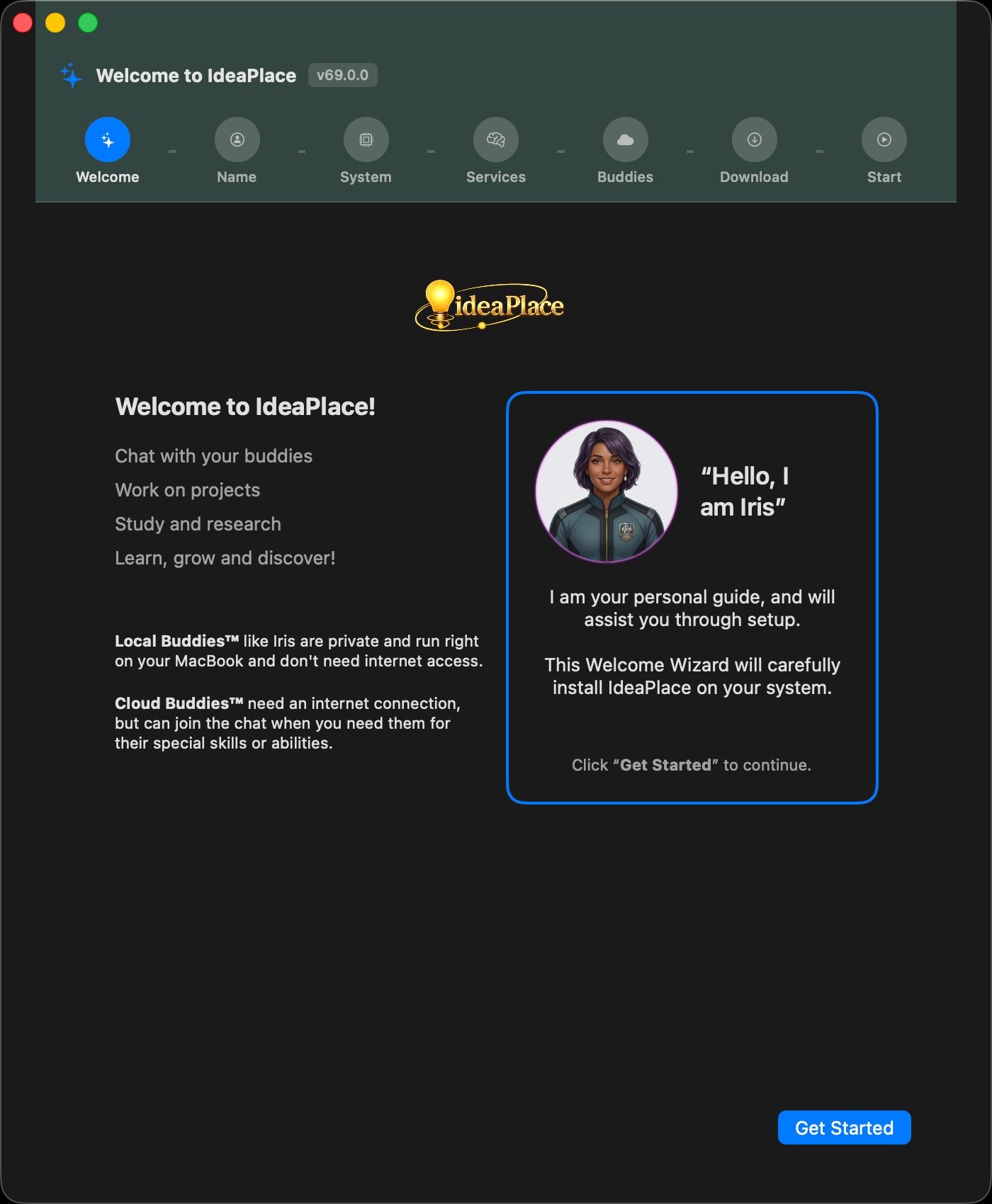 The IdeaPlace Welcome Wizard greeting a new user with 'Hello, I am Iris.'
